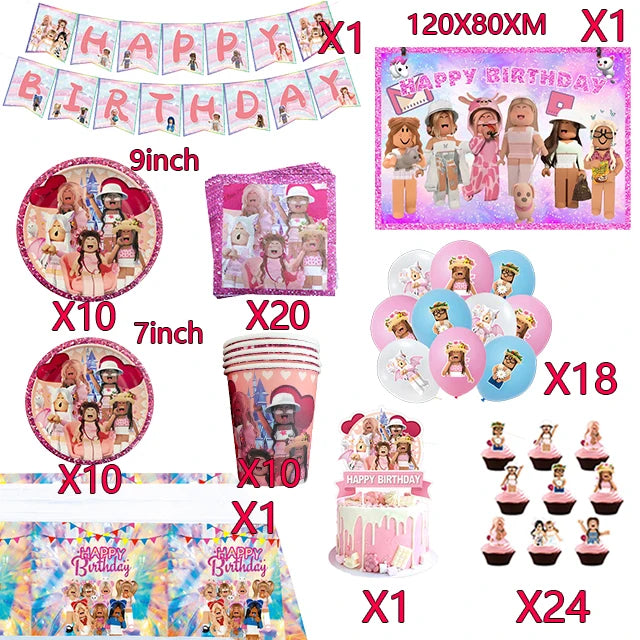 Pink Robloxed Theme Birthday Party Decorations Tableware Balloons Cups Plates Banner Backdrop Set