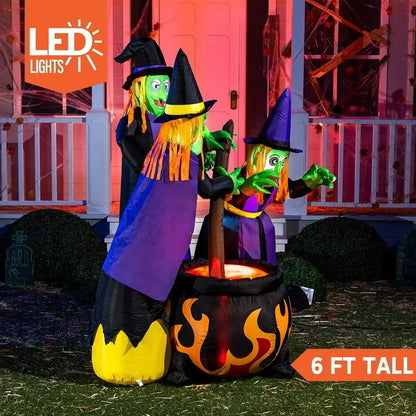 Joyfy 6ft Halloween Inflatable Witches Outdoor Cauldron Pot Large Decorations with Flame Light