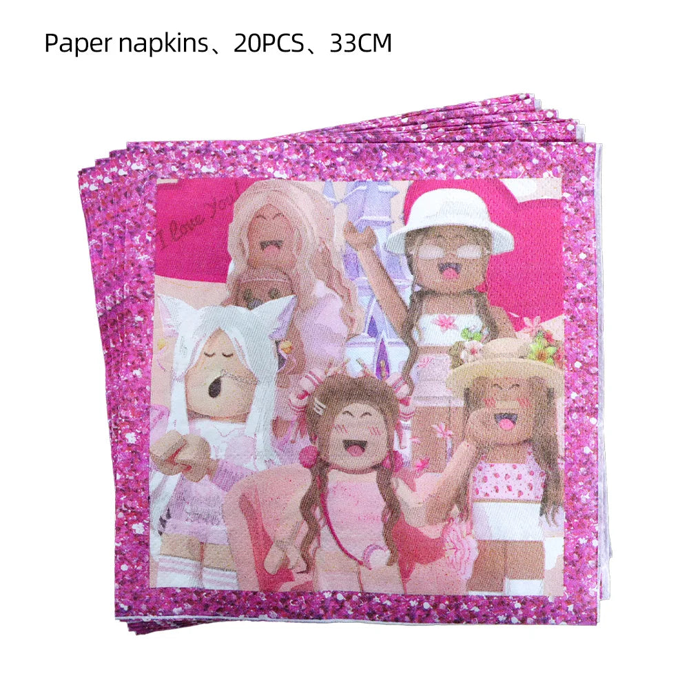 Pink Robloxed Theme Birthday Party Decorations Tableware Balloons Cups Plates Banner Backdrop Set
