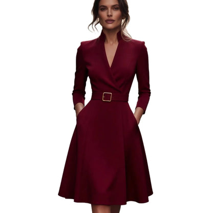 Solid Color V-neck A-line Belted Waist Dress