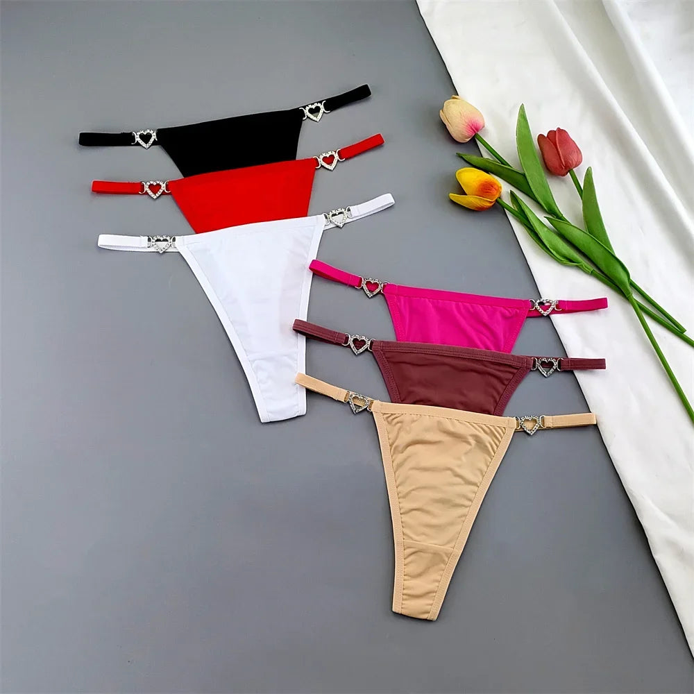 3Pcs Women's Seamless Ice Silk Thong Set - Low Waist Thin Strap G-String Panties with Rhinestone Buckle