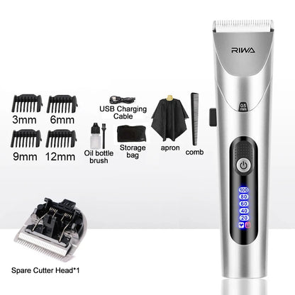 RIWA Professional Cordless Hair Clipper – USB Rechargeable LCD Grooming Kit