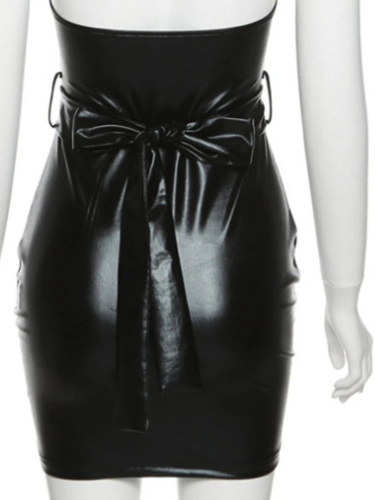 Faux Leather Low-cut Waist Slim Sleeveless Dress