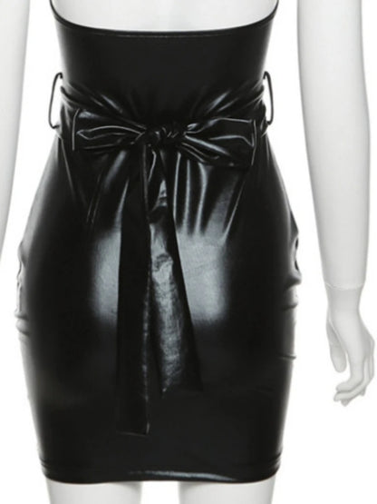 Faux Leather Low-cut Waist Slim Sleeveless Dress