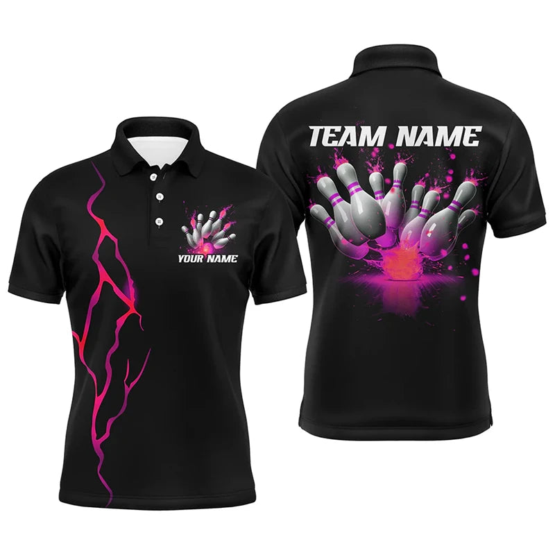 Men's Custom Name Purple Lightning Bowling Polo Shirt