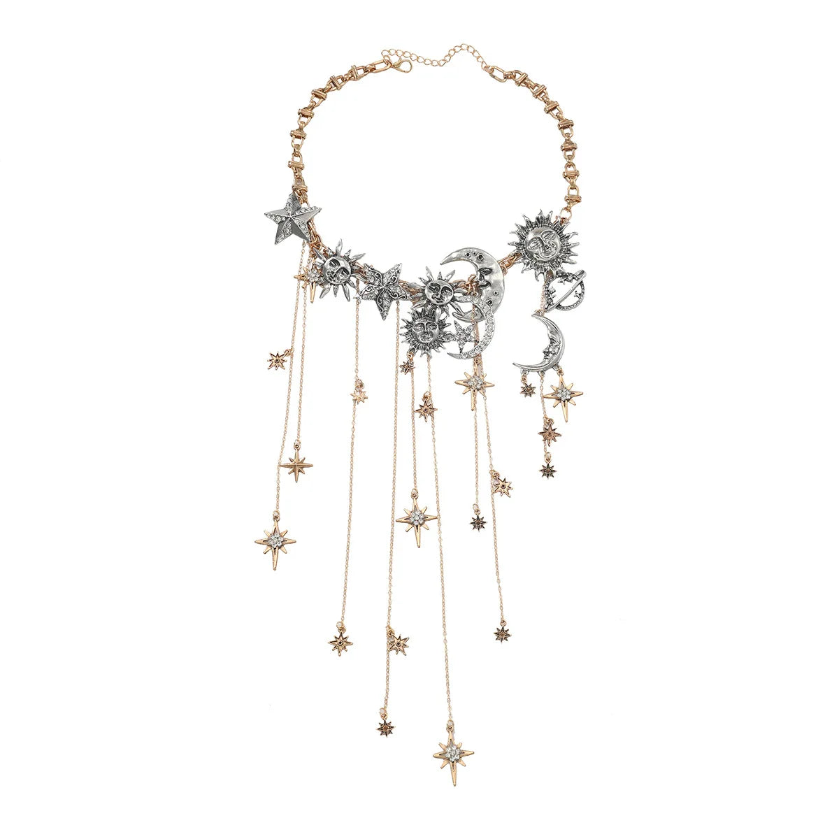 Exaggerated Multi-layered Tasseled Pendant Necklace with Moon, Star, Sun