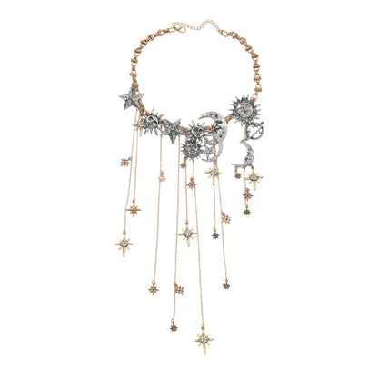 Exaggerated Multi-layered Tasseled Pendant Necklace with Moon, Star, Sun