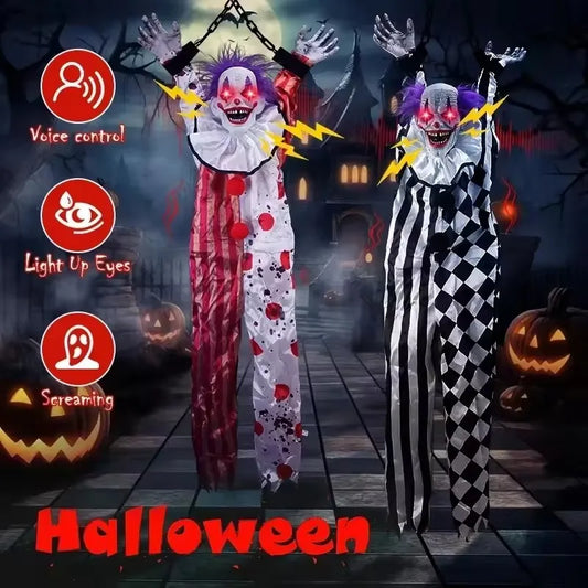 Animated Hanging Halloween Clown with Glowing Eyes & Sound Effects