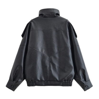 Women's Black Faux Leather Motorcycle Jacket – Long Sleeve Casual Coat