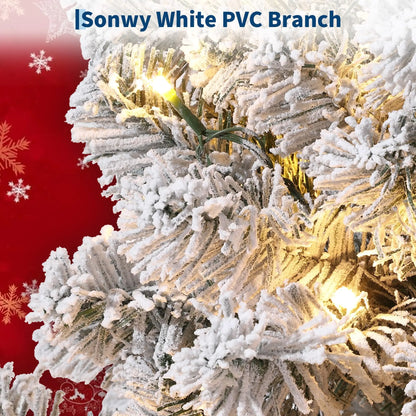 6FT/7.5FT Flocked Artificial Christmas Tree with Snowy Warm White LED Lights - Hinged Fraser Fir Holiday Decor