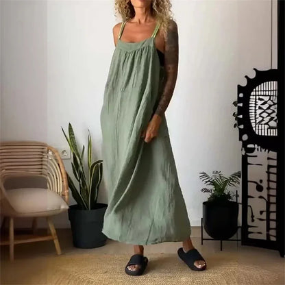 Women's Sleeveless Cotton Linen Casual Maxi Dress