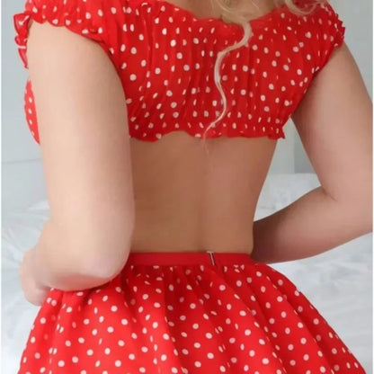 Polka Dot Off-Shoulder Lingerie Set with Skirt