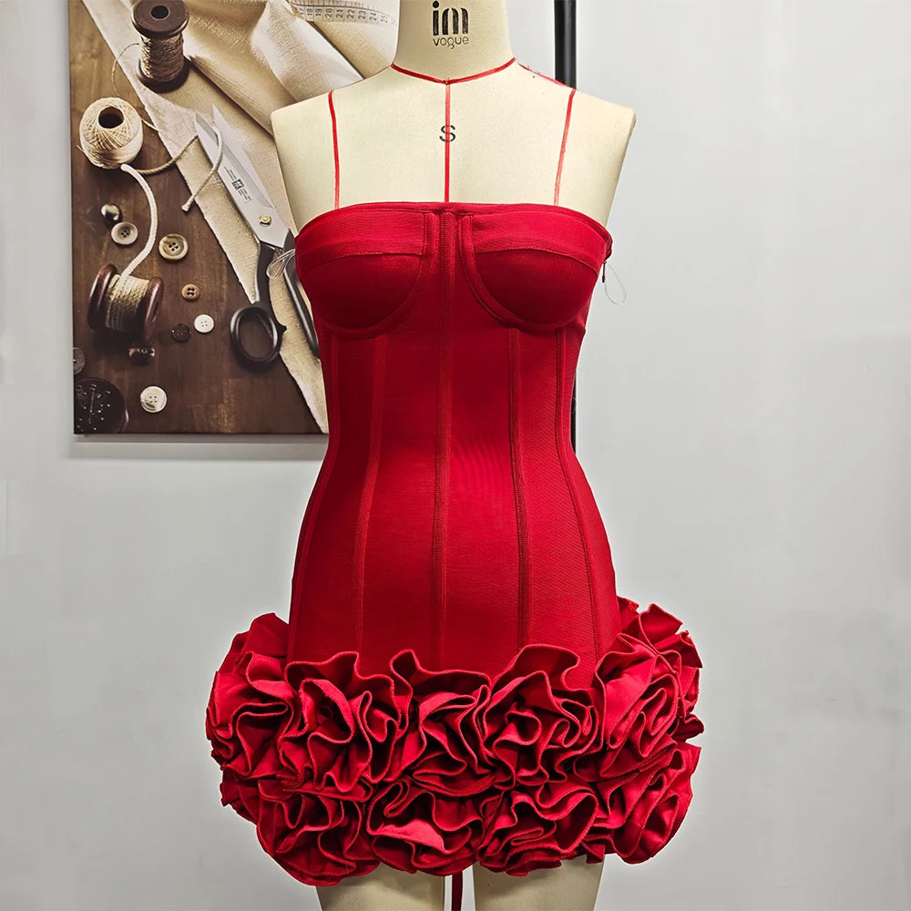 Strapless Backless Red Structured Floral Embellished Mini Length Cocktail Dress