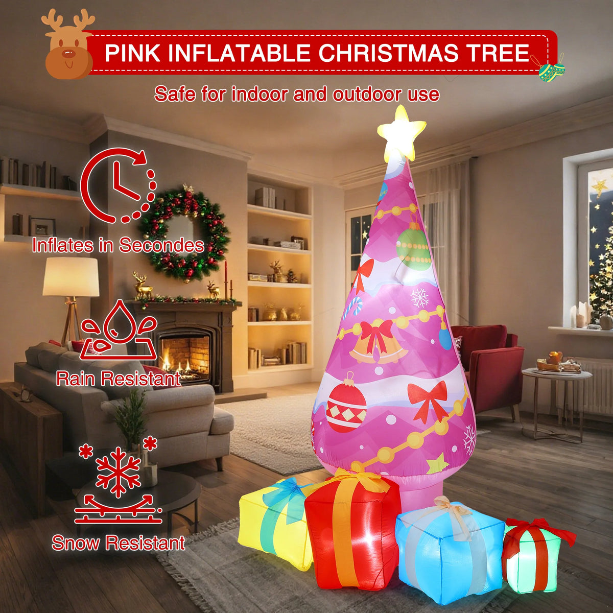 7FT Inflatable Pink Christmas Tree with LED Lights & Gift Boxes