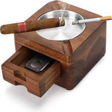 Wood Ashtray Box Cigar Holder with Tobacco Drawer for Cigar Cutter & Tobacco