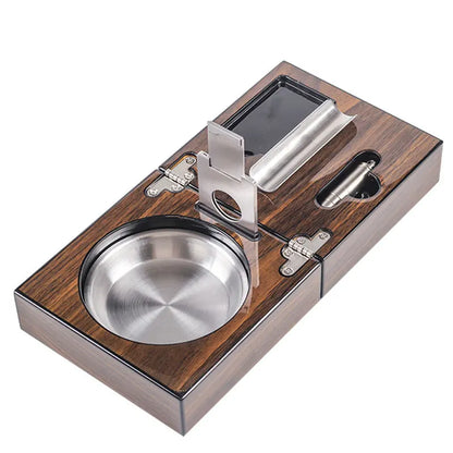 Solid Walnut Wood Foldable Ash Tray with Cigar Cutter Holder