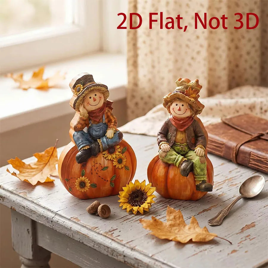 2-Piece Autumn Scarecrow Wooden Table Ornaments - Thanksgiving Standee Decor Set