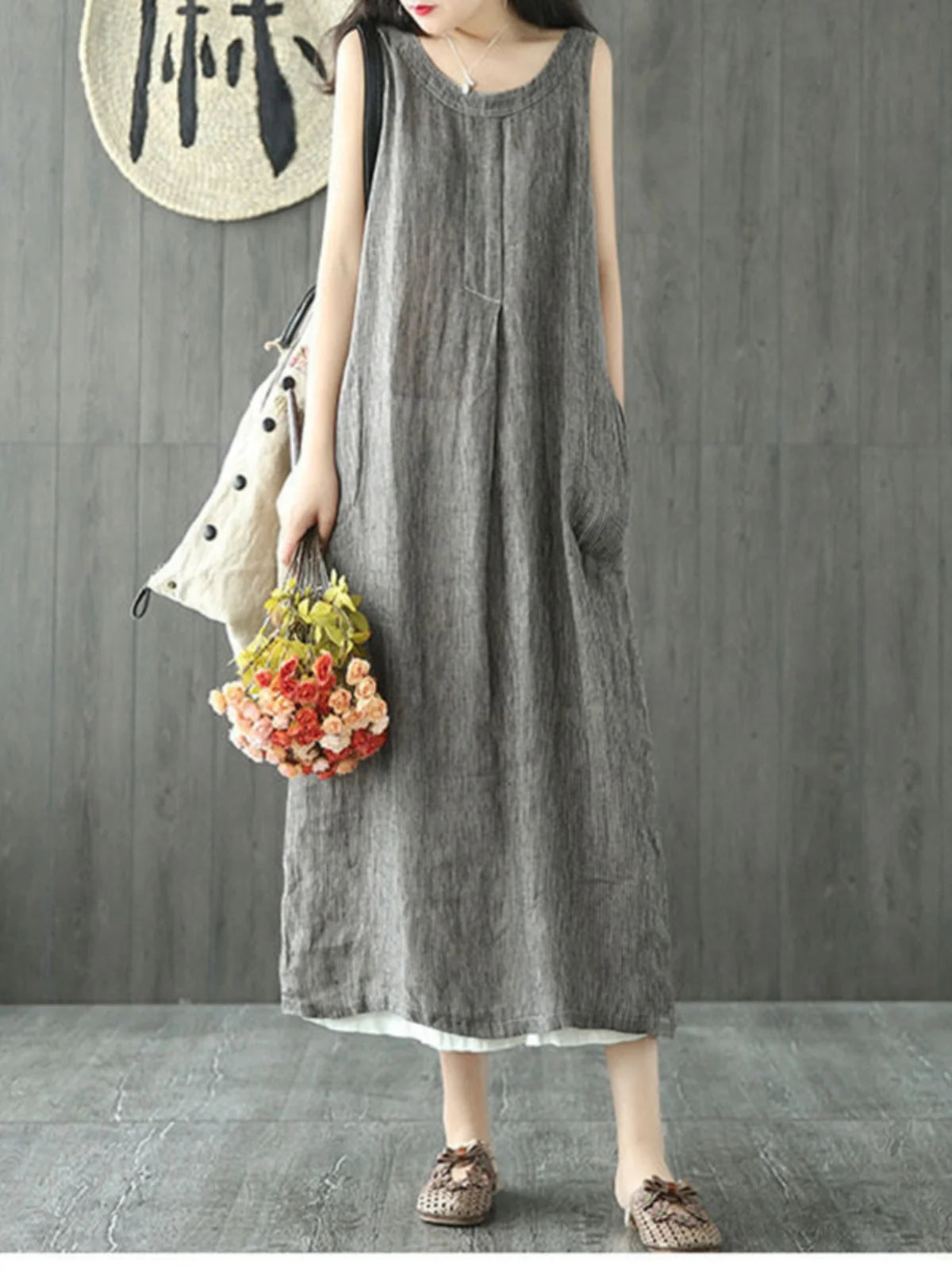 Vintage Striped Cotton Linen Sleeveless Midi Dress with Pockets