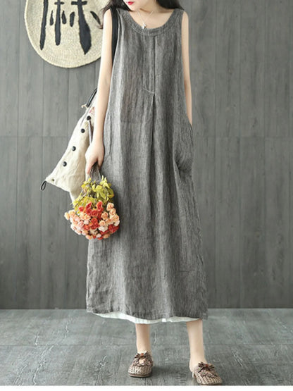 Vintage Striped Cotton Linen Sleeveless Midi Dress with Pockets