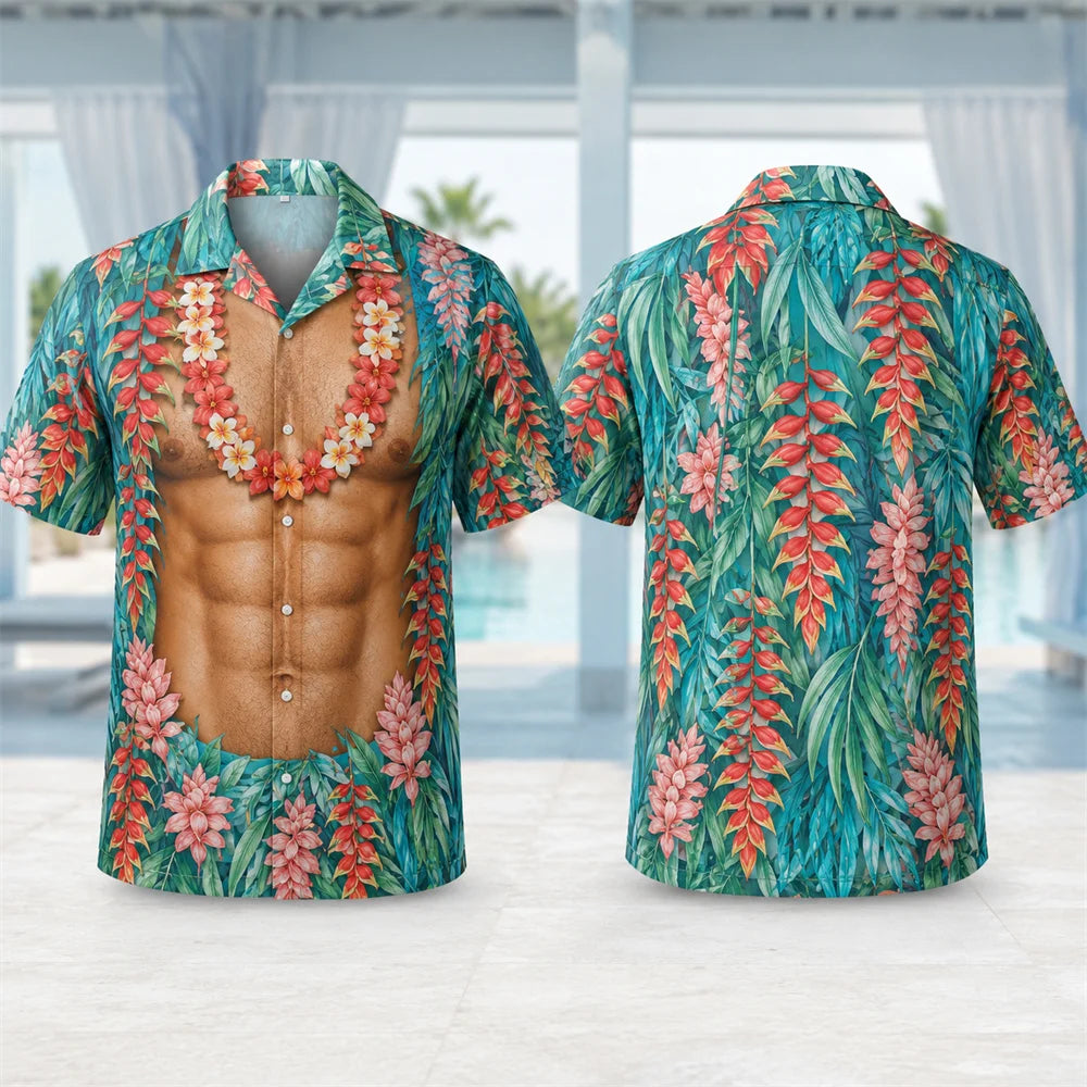 Men's Tropical Hawaiian Shirt - Muscle Print Novelty Short Sleeve Button Down Beach Resort Shirt