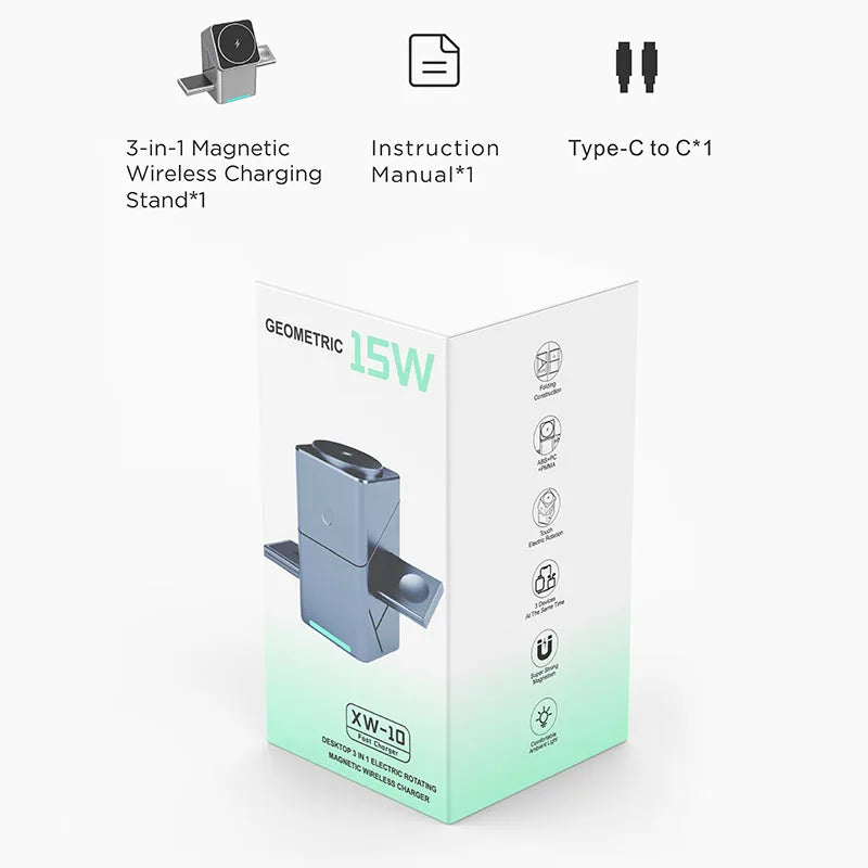 15W 3-in-1 Magnetic Wireless Charging Station with Touch Rotation for iPhone & Samsung