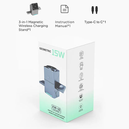 15W 3-in-1 Magnetic Wireless Charging Station with Touch Rotation for iPhone & Samsung
