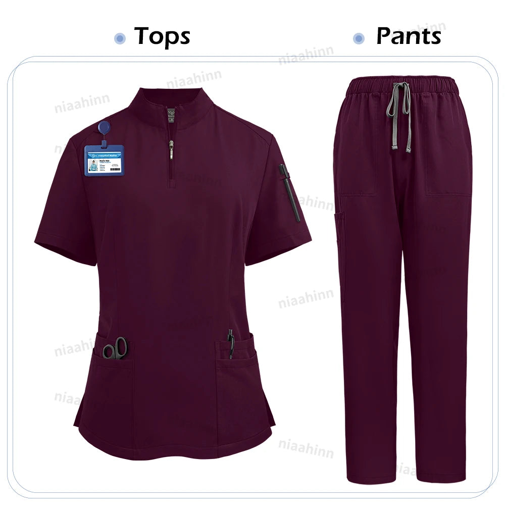 NiaaHinn Women's Stretch V-Neck Scrub Top & Cargo Pants Set