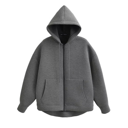 Women's Casual Loose Hooded Zip-Up Jacket with Big Pockets
