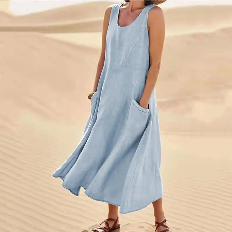 Cotton Linen Sleeveless Double Big Pocket Loose Dress