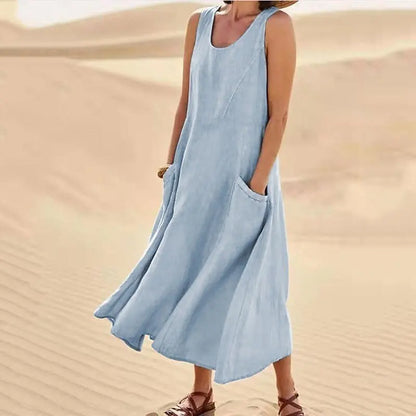 Cotton Linen Sleeveless Double Big Pocket Loose Dress