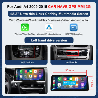 Road Top 8.9" / 12.3" Touchscreen Multimedia Display for Audi A4 S4 (2009–2015) with Wireless CarPlay & Android Auto