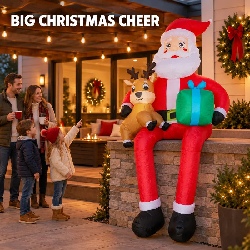 9.5FT Giant Christmas Inflatable Santa Claus Sitting on Roof with Reindeer and Gift Box