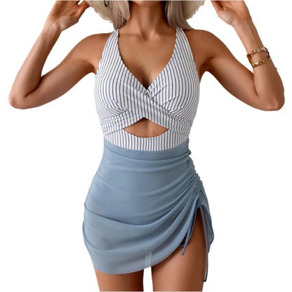 Color Blocking Cross Strap One-Piece Swimsuit