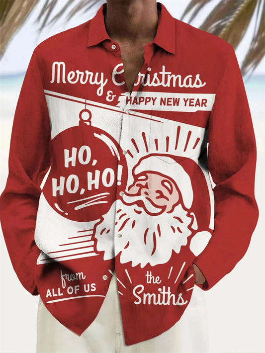 Men’s Festive Santa 3D Print Long Sleeve Button-Down Shirt