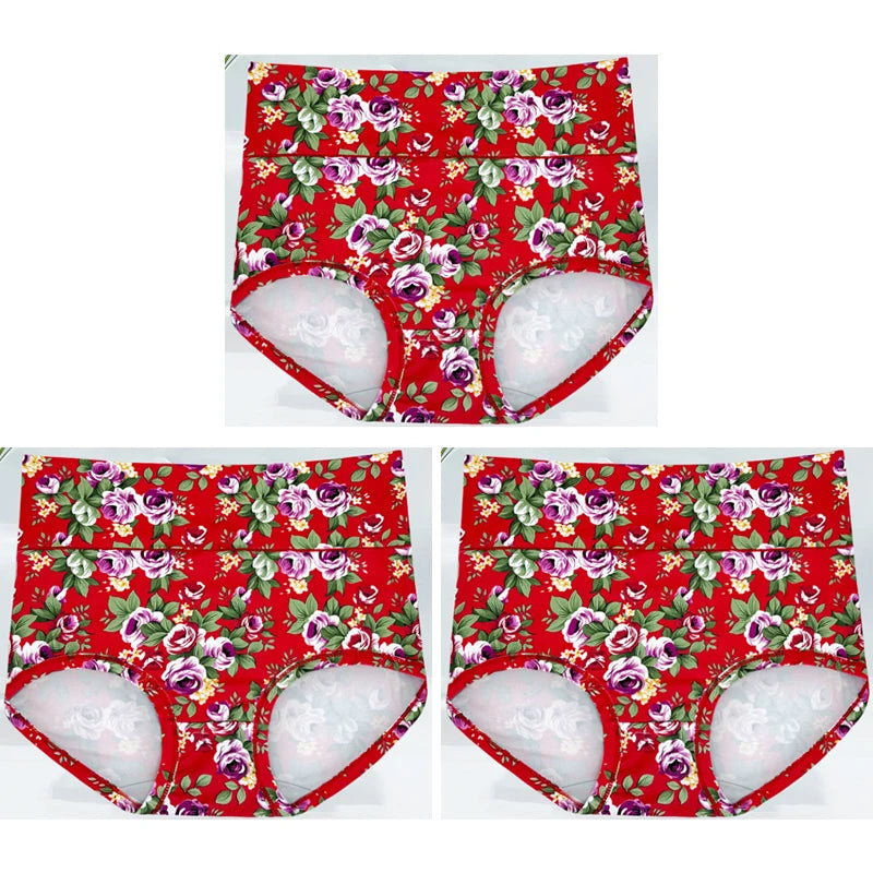 3-Pack Women's Floral Print High-Waisted Briefs - Plus Size Breathable Cotton Panties