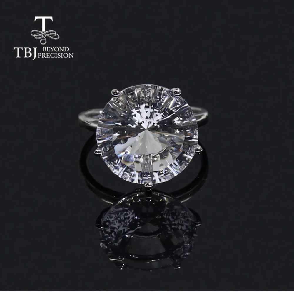 14K White Gold Natural White Quartz Gemstone Ring - 15mm Round Cut Solitaire