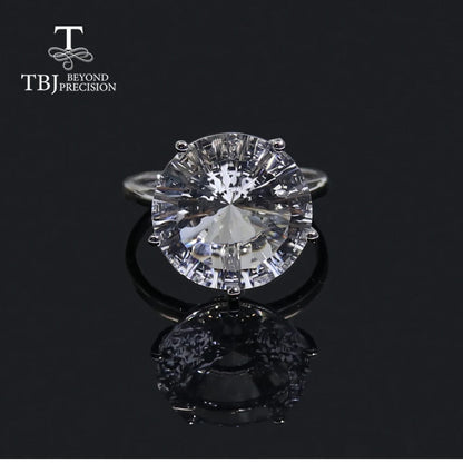 14K White Gold Natural White Quartz Gemstone Ring - 15mm Round Cut Solitaire