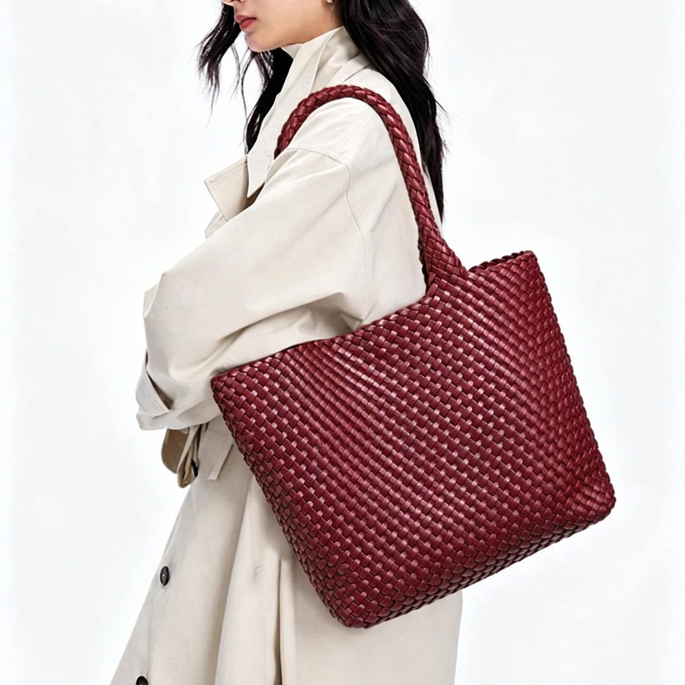 Large Woven Leather Tote Bag & Clutch Set