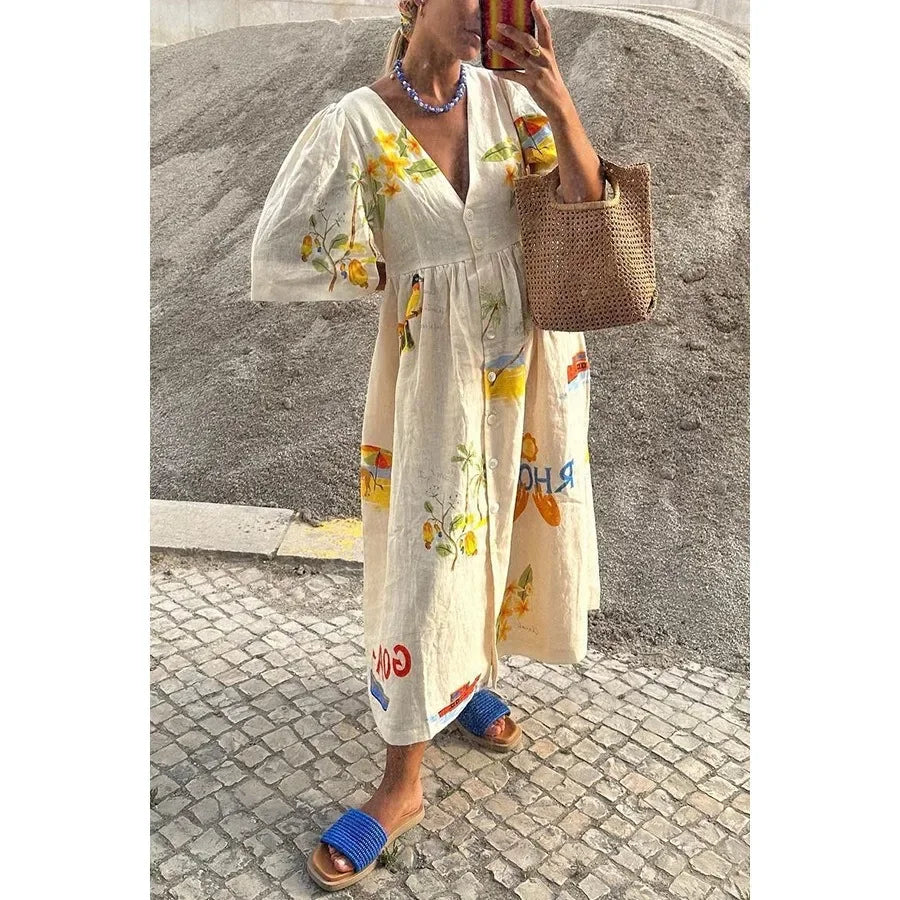 Women's Boho Printed V-Neck Puff Sleeve Loose Vacation Maxi Dress