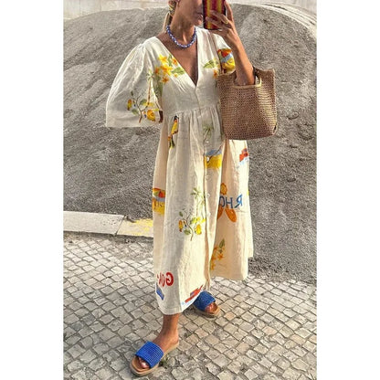 Women's Boho Printed V-Neck Puff Sleeve Loose Vacation Maxi Dress