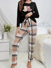 Cartoon Bear Print Long-sleeved Top and Plaid Trousers Set