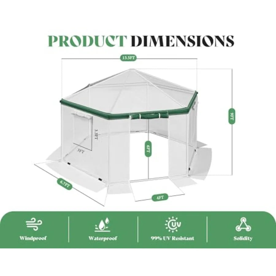13.5x13.5x9FT Hexagonal Walk-in Greenhouse Heavy-Duty with Windbreak Ropes Waterproof PE Cover Ground Stakes