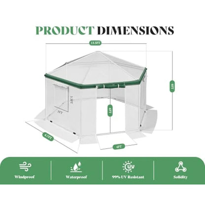13.5x13.5x9FT Hexagonal Walk-in Greenhouse Heavy-Duty with Windbreak Ropes Waterproof PE Cover Ground Stakes