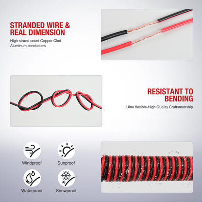 Nilight 100FT Copper Clad Aluminum Wire - Red/Black 2-Conductor 12V/24V DC Extension Cable