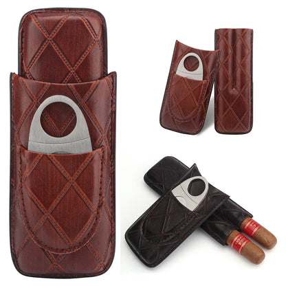 Xifei 2 Slot Leather Cigar Case Set W/ Stainless Steel Cutter