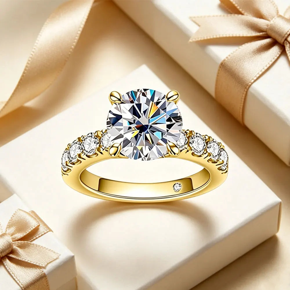 S925 Sterling Silver Round Cut Moissanite Engagement Ring – 3.5CT Golden Accent