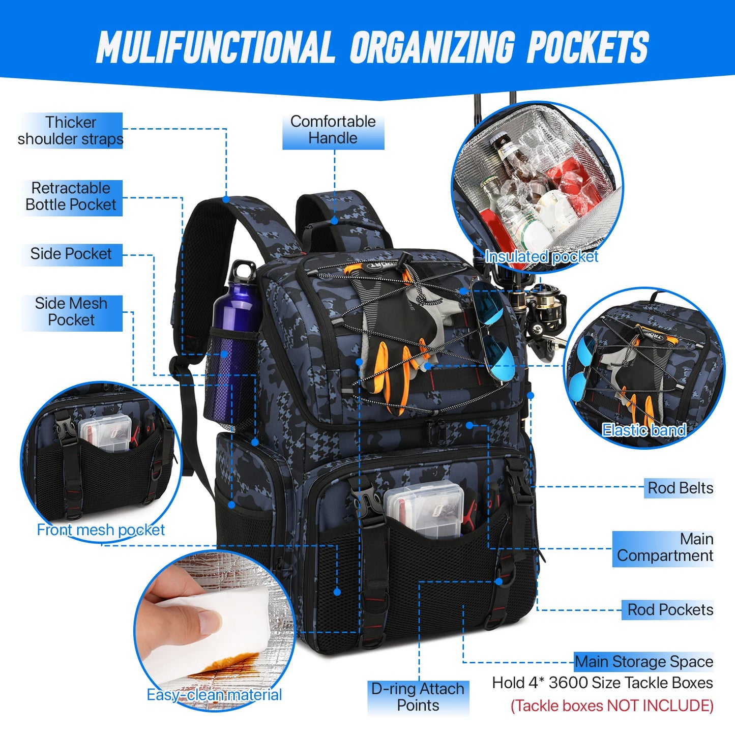 45L Fishing Tackle Storage Bag with Rod Holders & Rain Cover