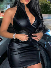 Faux Leather Low-cut Waist Slim Sleeveless Dress