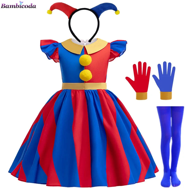 Girls' Digital Circus Pomni Cosplay Costume Set - Red & Blue Clown Dress Outfit for Kids