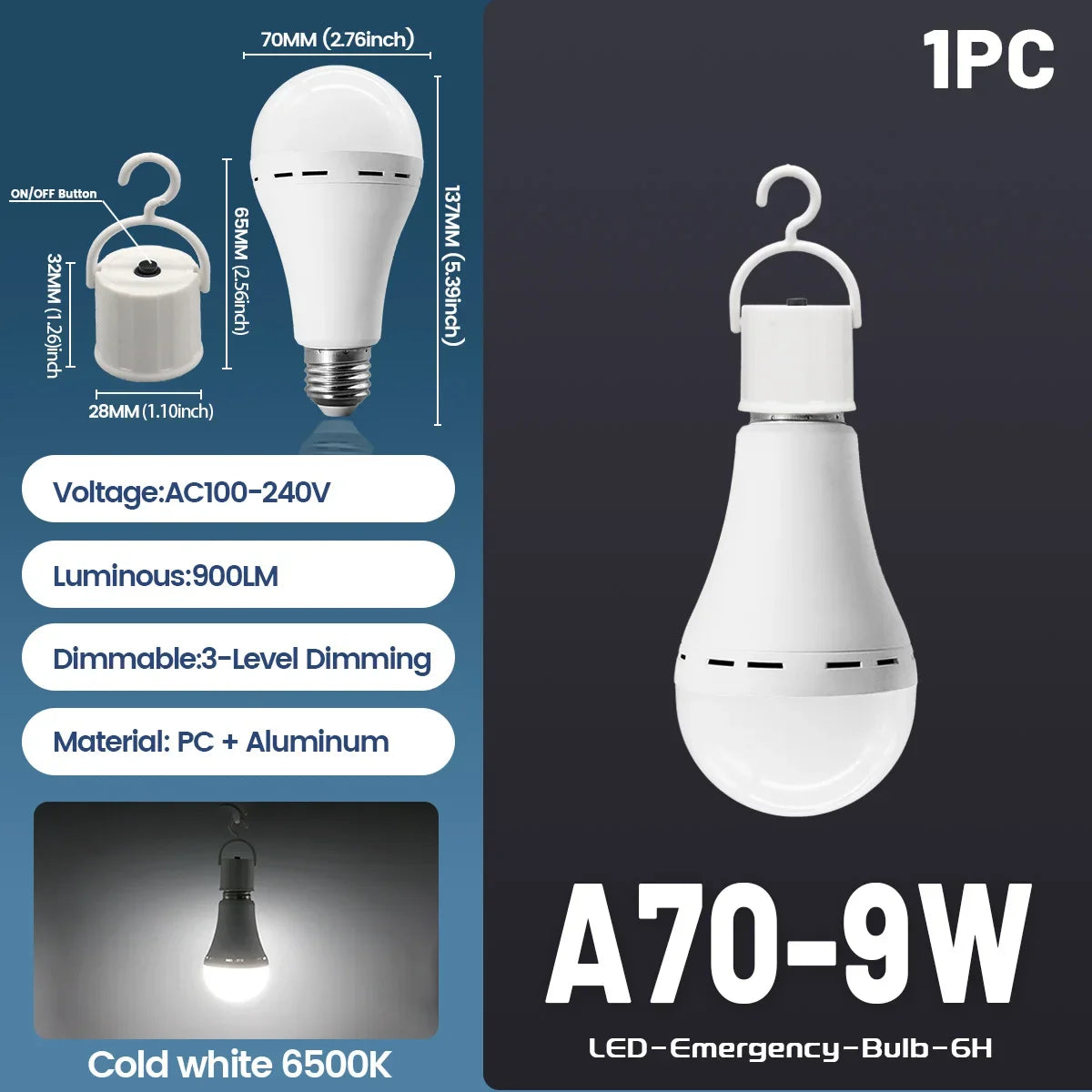 9W Rechargeable Emergency LED Light Bulb with 1500mAh Backup Battery